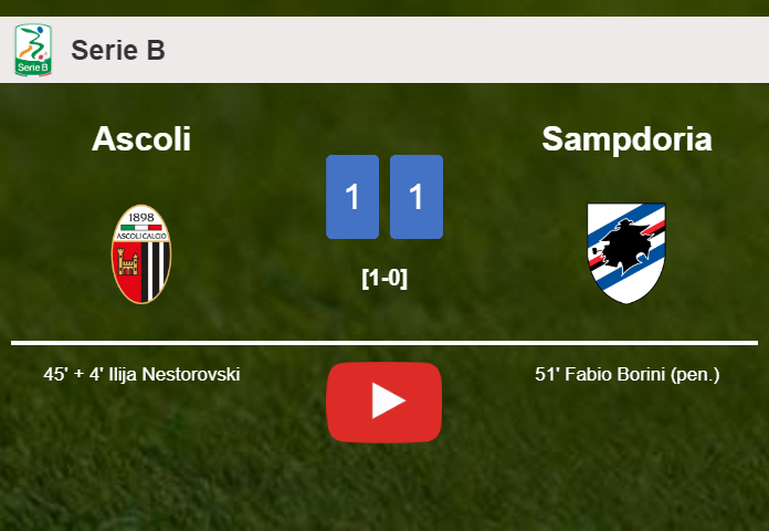 Ascoli and Sampdoria draw 1-1 on Saturday. HIGHLIGHTS