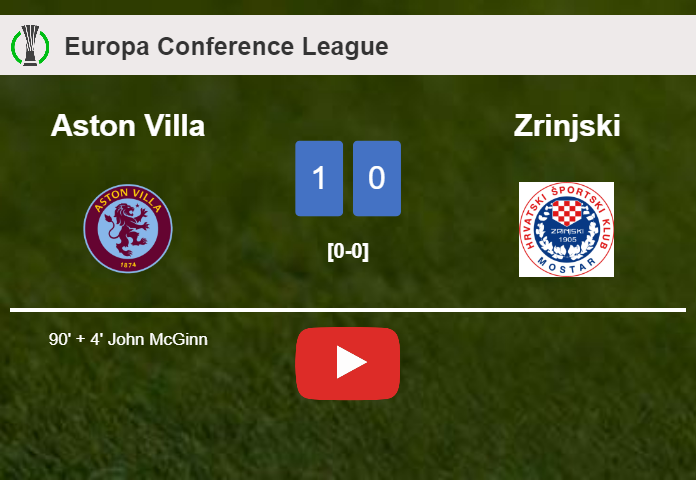 Aston Villa tops Zrinjski 1-0 with a late goal scored by J. McGinn. HIGHLIGHTS