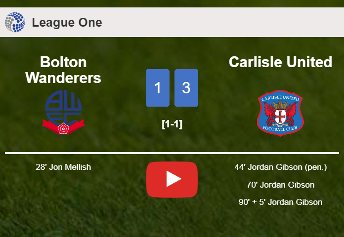 Carlisle United tops Bolton Wanderers 3-1 with 3 goals from J. Gibson. HIGHLIGHTS