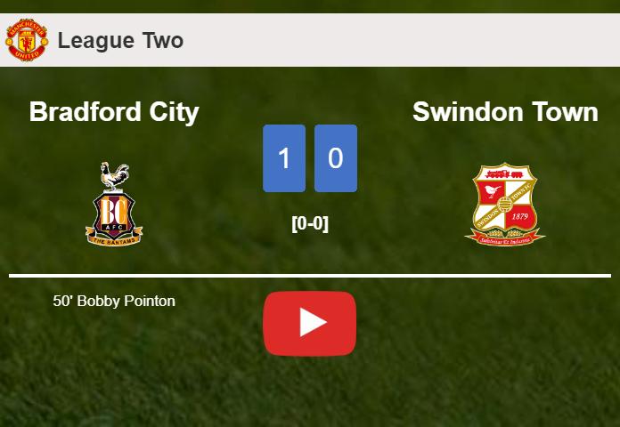 Bradford City conquers Swindon Town 1-0 with a goal scored by B. Pointon. HIGHLIGHTS