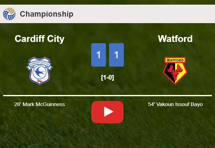 Cardiff City and Watford draw 1-1 on Sunday. HIGHLIGHTS
