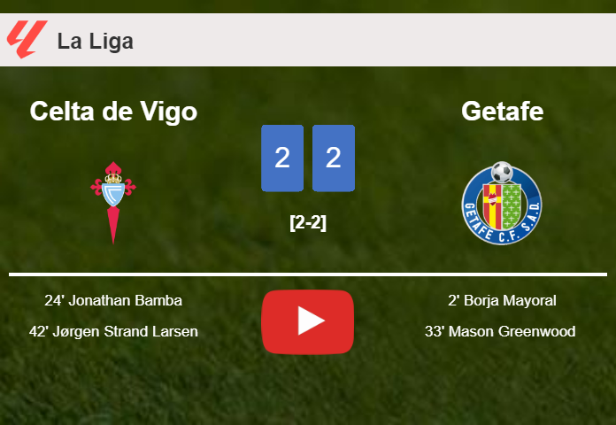 Celta de Vigo and Getafe draw 2-2 on Sunday. HIGHLIGHTS