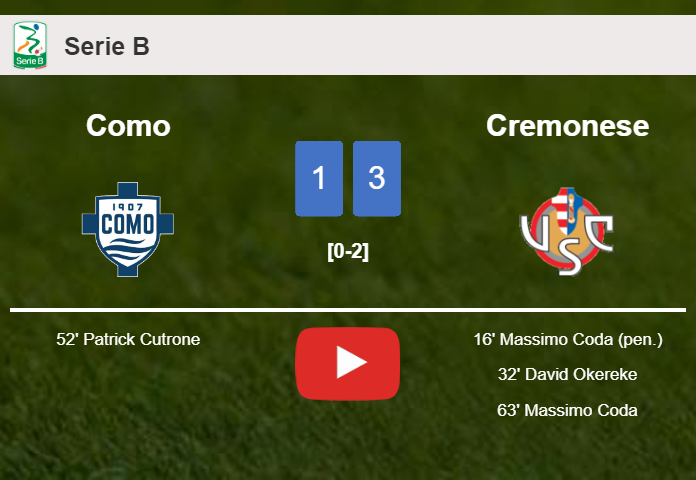 Cremonese overcomes Como 3-1 with 2 goals from M. Coda. HIGHLIGHTS
