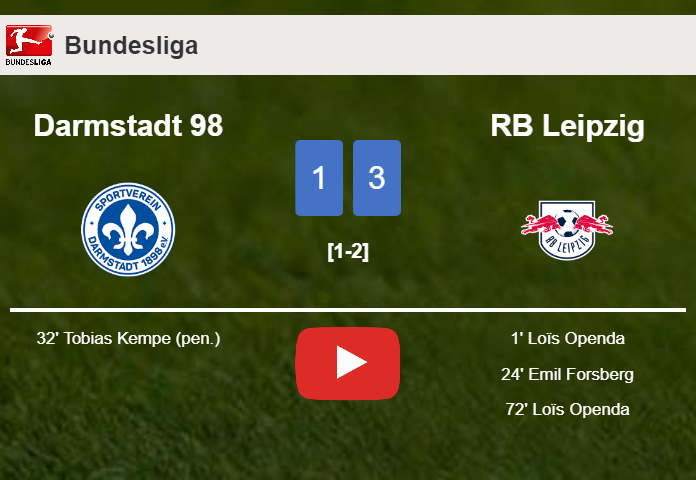 RB Leipzig beats Darmstadt 98 3-1 with 2 goals from L. Openda. HIGHLIGHTS