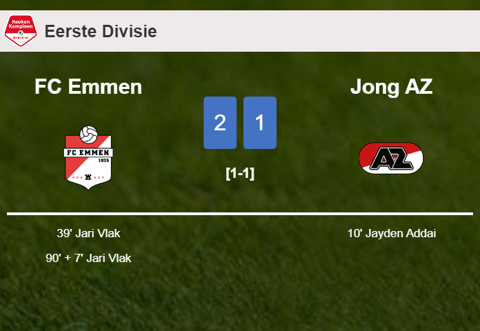 FC Emmen recovers a 0-1 deficit to defeat Jong AZ 2-1 with J. Vlak scoring 2 goals