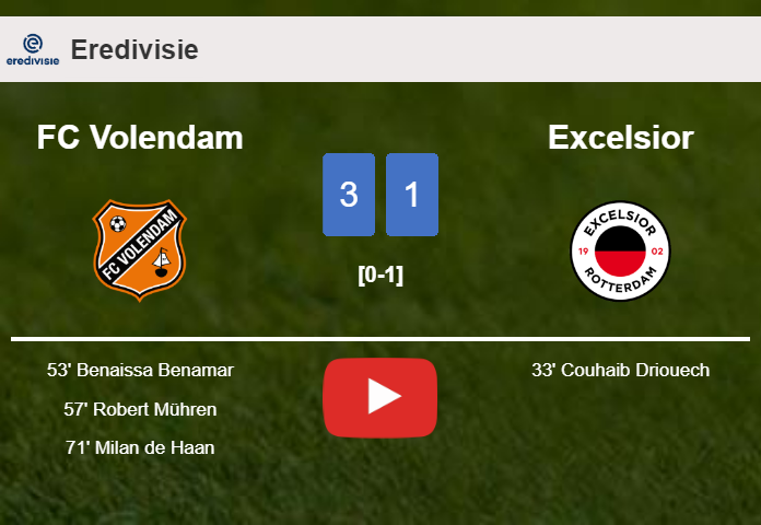 FC Volendam conquers Excelsior 3-1 after recovering from a 0-1 deficit. HIGHLIGHTS
