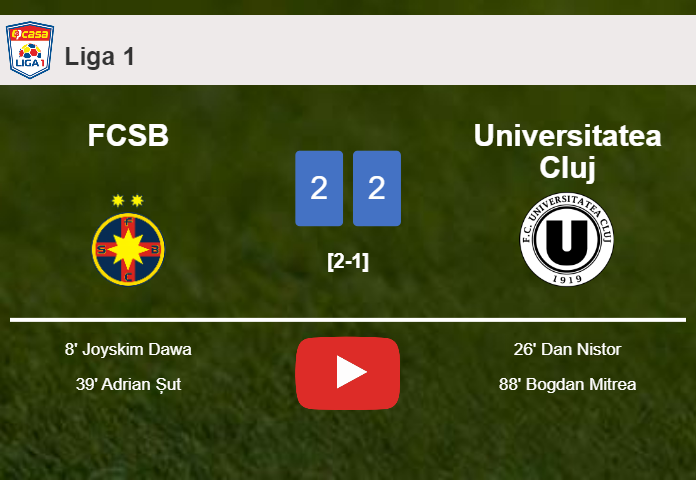 FCSB and Universitatea Cluj draw 2-2 on Monday. HIGHLIGHTS