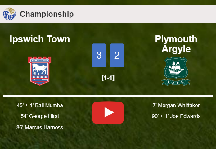 Ipswich Town beats Plymouth Argyle 3-2. HIGHLIGHTS