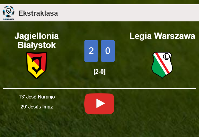 Jagiellonia Białystok defeats Legia Warszawa 2-0 on Sunday. HIGHLIGHTS