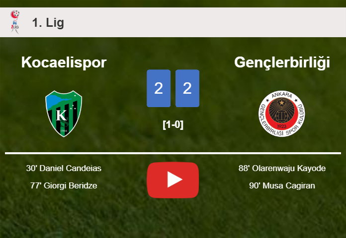 Gençlerbirliği manages to draw 2-2 with Kocaelispor after recovering a 0-2 deficit. HIGHLIGHTS