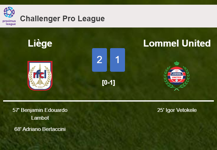 Liège recovers a 0-1 deficit to top Lommel United 2-1