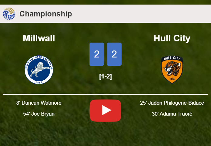 Millwall and Hull City draw 2-2 on Saturday. HIGHLIGHTS
