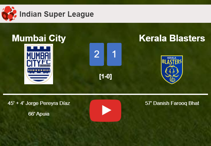 Mumbai City prevails over Kerala Blasters 2-1. HIGHLIGHTS
