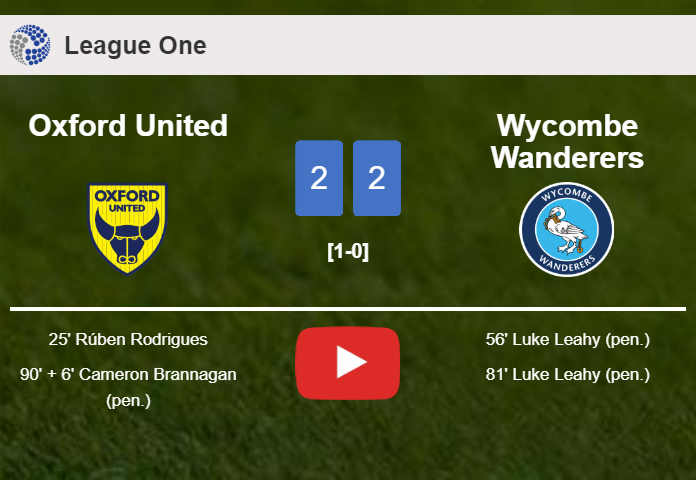 Oxford United and Wycombe Wanderers draw 2-2 on Saturday. HIGHLIGHTS