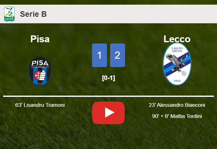 Lecco clutches a 2-1 win against Pisa. HIGHLIGHTS