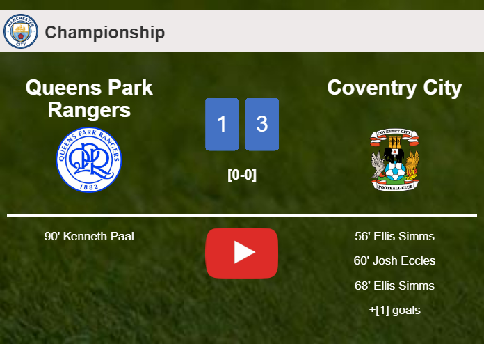 Coventry City overcomes Queens Park Rangers 3-1 with 2 goals from E. Simms. HIGHLIGHTS