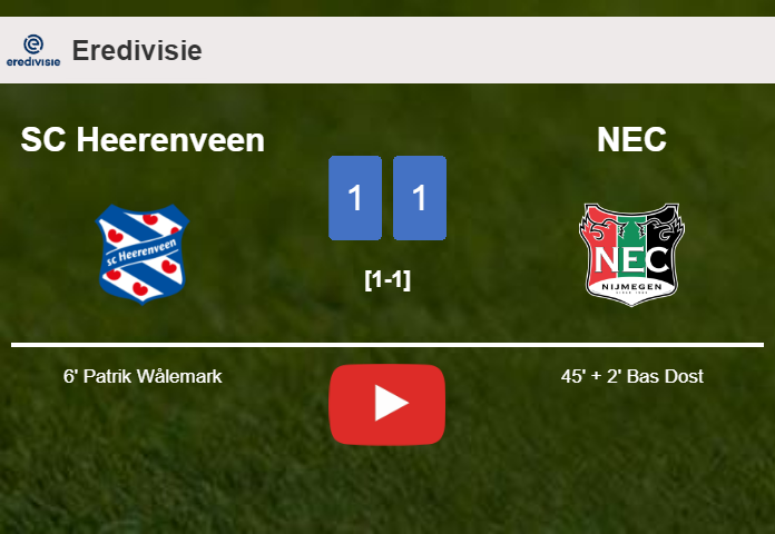 SC Heerenveen and NEC draw 1-1 on Saturday. HIGHLIGHTS