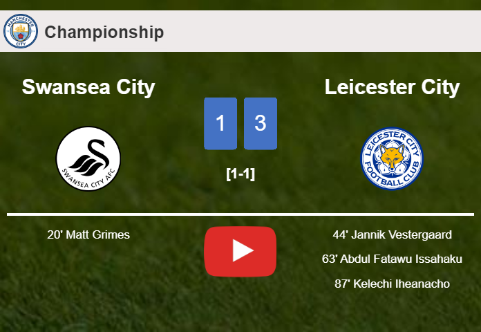 Leicester City overcomes Swansea City 3-1 after recovering from a 0-1 deficit. HIGHLIGHTS