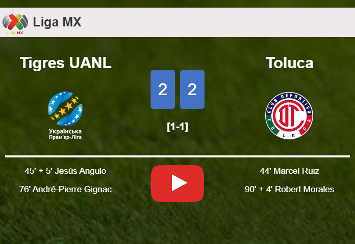 Tigres UANL and Toluca draw 2-2 on Wednesday. HIGHLIGHTS