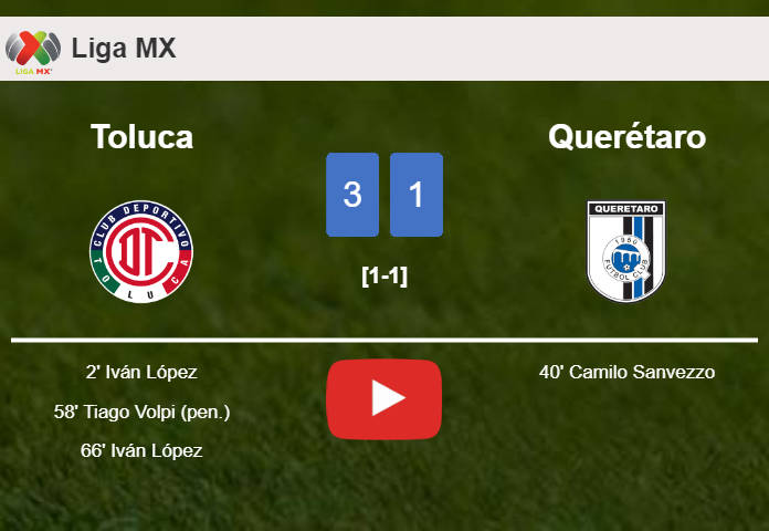 Toluca defeats Querétaro 3-1 with 2 goals from I. López. HIGHLIGHTS