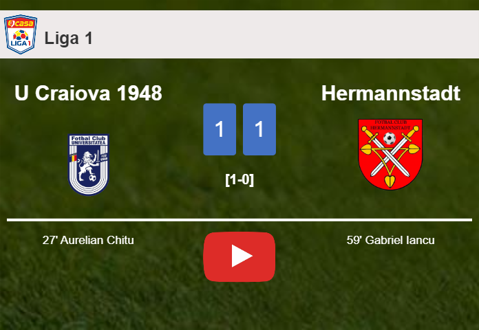 U Craiova 1948 and Hermannstadt draw 1-1 on Friday. HIGHLIGHTS