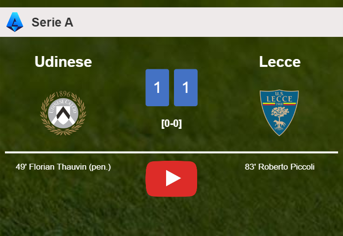 Udinese and Lecce draw 1-1 on Monday. HIGHLIGHTS