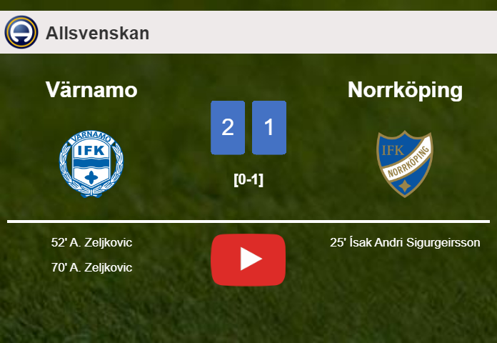 Värnamo recovers a 0-1 deficit to top Norrköping 2-1 with A. Zeljkovic scoring a double. HIGHLIGHTS