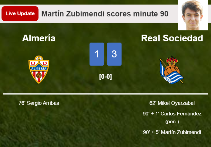 LIVE UPDATES. Real Sociedad scores again over Almería with a goal from Martín Zubimendi in the 90 minute and the result is 3-1