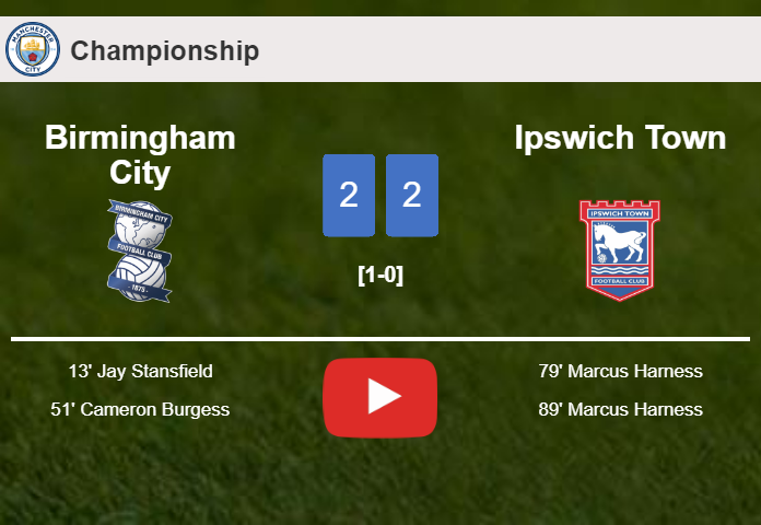 Ipswich Town manages to draw 2-2 with Birmingham City after recovering a 0-2 deficit. HIGHLIGHTS