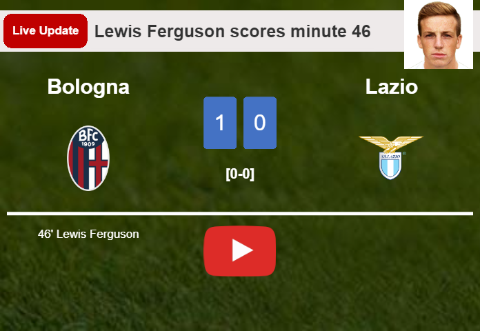 LIVE UPDATES. Bologna leads Lazio 1-0 after Lewis Ferguson scored in the 46 minute