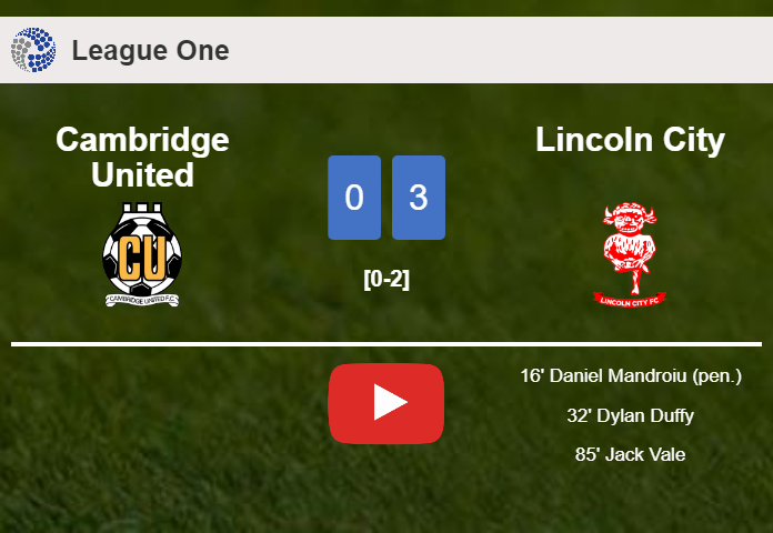Lincoln City beats Cambridge United 3-0. HIGHLIGHTS
