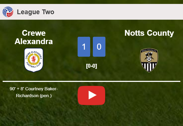 Crewe Alexandra prevails over Notts County 1-0 with a late goal scored by C. Baker-Richardson. HIGHLIGHTS