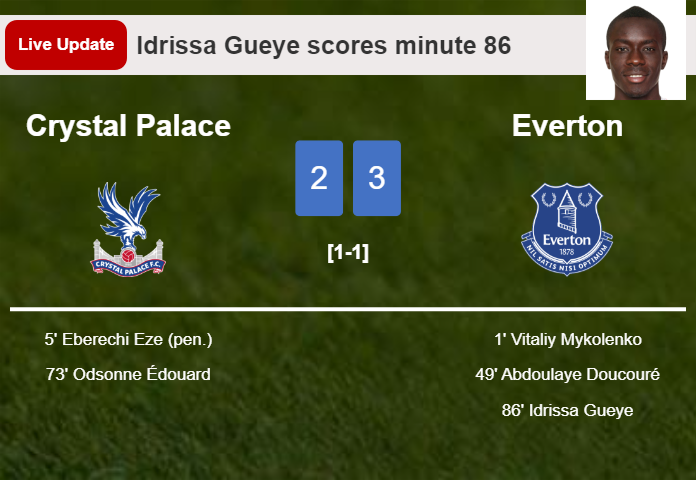LIVE UPDATES. Everton takes the lead over Crystal Palace with a goal from Idrissa Gueye in the 86 minute and the result is 3-2