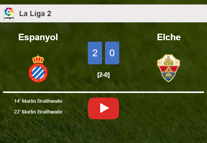 M. Braithwaite scores a double to give a 2-0 win to Espanyol over Elche. HIGHLIGHTS