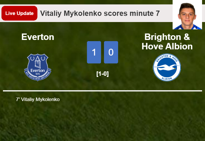 LIVE UPDATES. Everton leads Brighton & Hove Albion 1-0 after Vitaliy Mykolenko scored in the 7 minute