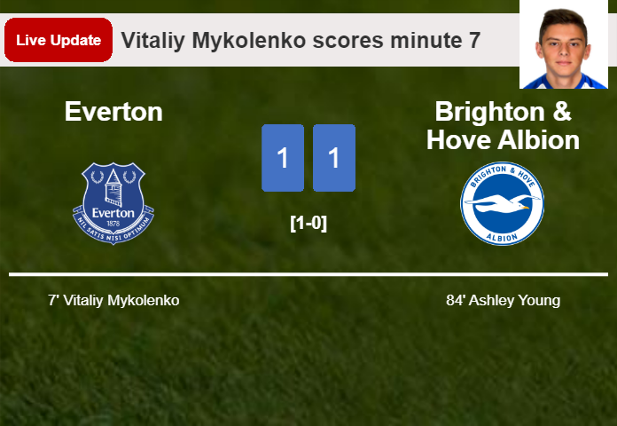 LIVE UPDATES. Brighton & Hove Albion draws Everton with a goal from Ashley Young in the 84 minute and the result is 1-1