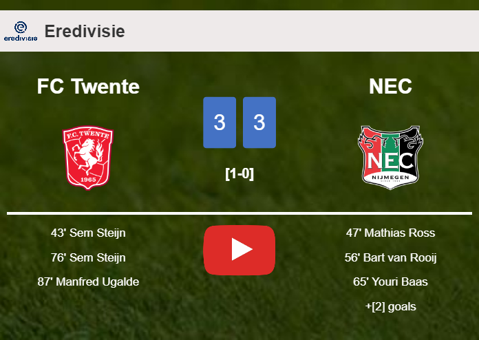 FC Twente and NEC draws a crazy match 3-3 on Saturday. HIGHLIGHTS ...