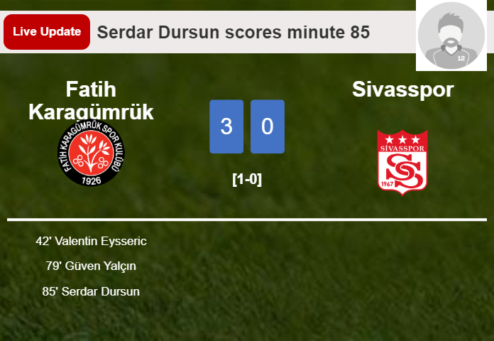 LIVE UPDATES. Fatih Karagümrük extends the lead over Sivasspor with a goal from Serdar Dursun in the 85 minute and the result is 3-0