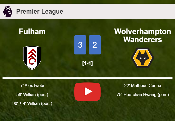 Fulham tops Wolverhampton Wanderers 3-2. HIGHLIGHTS