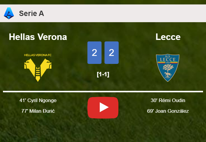 Hellas Verona and Lecce draw 2-2 on Monday. HIGHLIGHTS