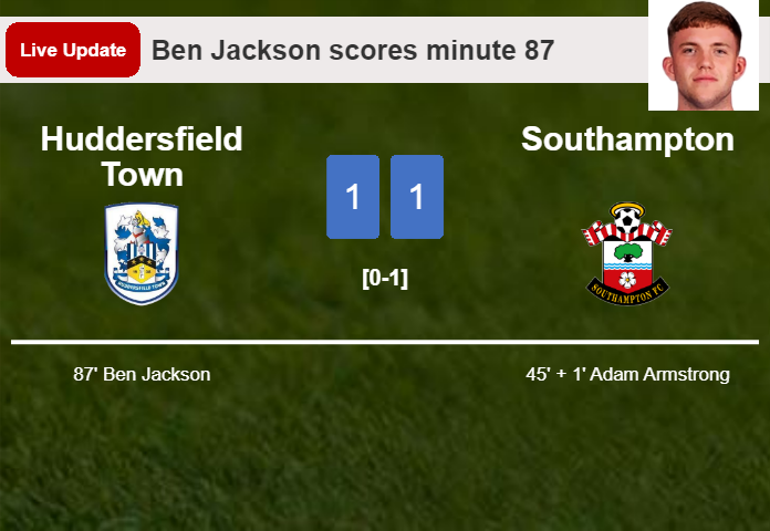 LIVE UPDATES. Huddersfield Town draws Southampton with a goal from Ben Jackson in the 87 minute and the result is 1-1