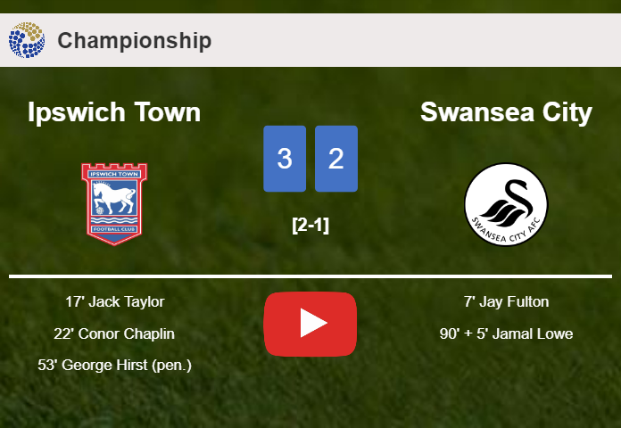 Ipswich Town overcomes Swansea City 3-2. HIGHLIGHTS