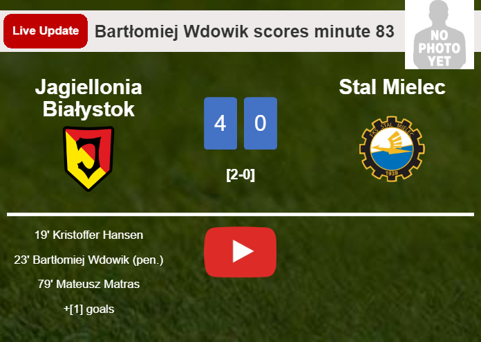 LIVE UPDATES. Jagiellonia Białystok scores again over Stal Mielec with a goal from Bartłomiej Wdowik in the 83 minute and the result is 4-0
