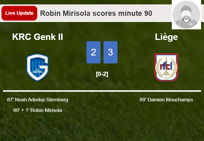 LIVE UPDATES. KRC Genk II getting closer to Liège with a goal from Robin Mirisola in the 90 minute and the result is 2-3