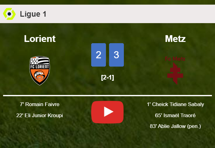 Metz conquers Lorient after recovering from a 2-1 deficit. HIGHLIGHTS