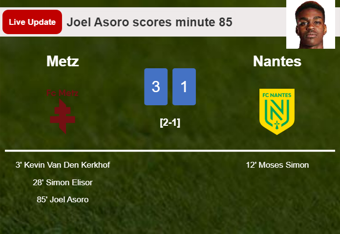 LIVE UPDATES. Metz scores again over Nantes with a goal from Joel Asoro in the 85 minute and the result is 3-1