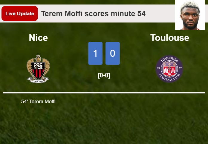 LIVE UPDATES. Nice leads Toulouse 1-0 after Terem Moffi scored in the 54 minute