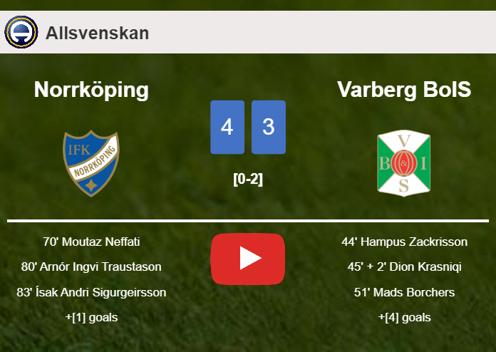 Norrköping defeats Varberg BoIS after recovering from a 1-3 deficit. HIGHLIGHTS