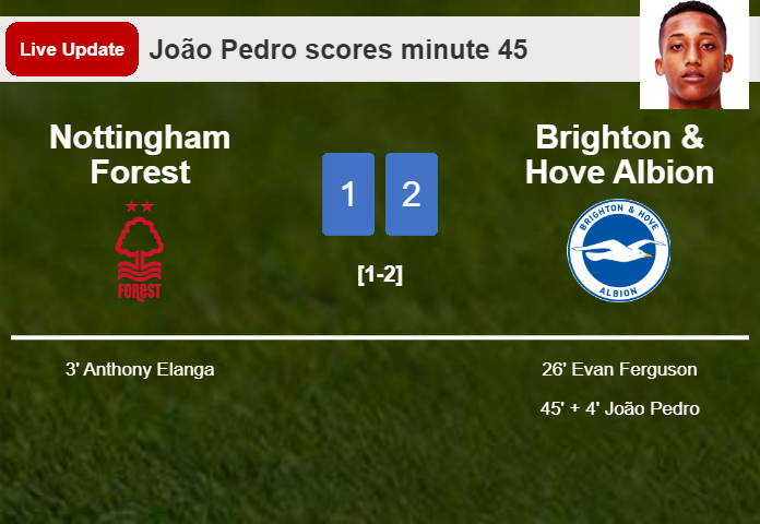 LIVE UPDATES. Brighton & Hove Albion takes the lead over Nottingham Forest with a goal from João Pedro in the 45 minute and the result is 2-1