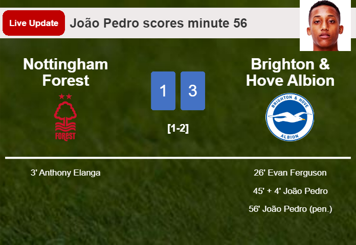 LIVE UPDATES. Brighton & Hove Albion scores again over Nottingham Forest with a penalty from João Pedro in the 56 minute and the result is 3-1